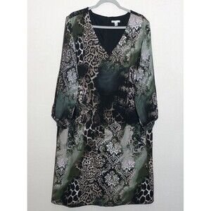 C.EST 1946 Dress Womens‎ Size 24W Black Brown Beige Green Lined Shift V-Neck LS